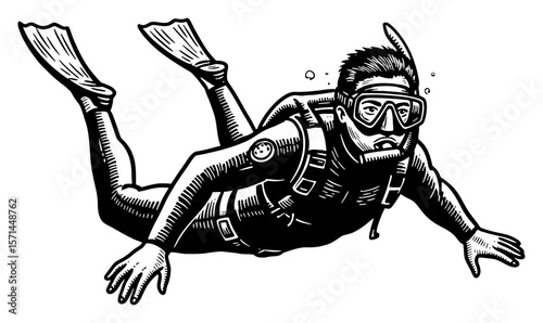 Man Freediving Close Up Front View Black and White Outline Line Art Drawing with Snorkel and Fins