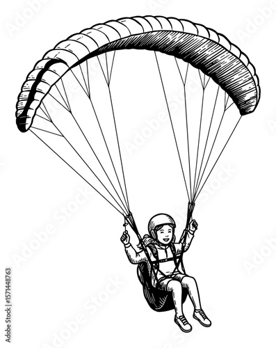 Happy Little Girl Paragliding Skydiving Parachuting Flying Air Black and White Outline Line Art Drawing