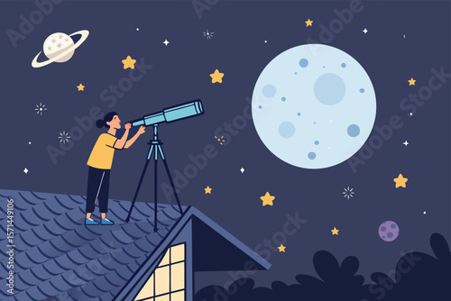 Vector illustration of person stargazing on rooftop with telescope at night. Detailed line art.