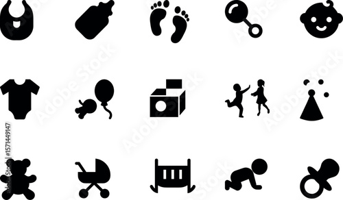 Baby & Kids Silhouette Icon Bundle – Baby Bottle, Pacifier, Onesie, Toy Block, Stroller, Teddy Bear, Cradle, Rattle, Crawling Baby, Bib, Baby Face, Kids Playing, Balloon, Footprints, Birthday Hat