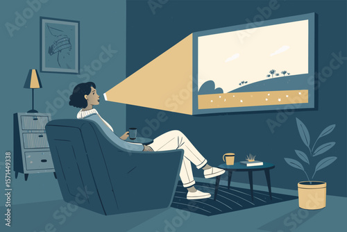 Vector art Person watching movie on a projector screen at night. Simple, flat design.