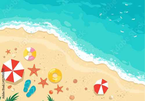 An inviting aerial view of a vibrant sandy beach with gentle turquoise ocean waves, colorful umbrellas, and various summer accessories, perfect for a relaxing vacation.