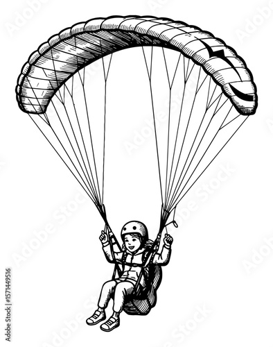 Smiling Little Girl Paragliding Skydiving Adventure Sport Black and White Outline Line Art Drawing