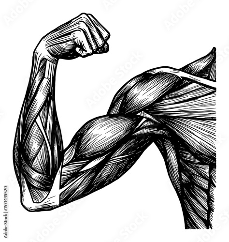 Human Arm Muscles Flexing Black and White Outline Line Art Drawing with Anatomical Detail Engraved Style
