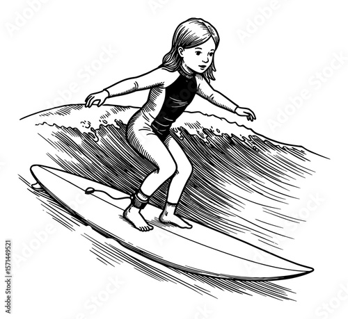 Young Little Girl Surfing on a Large Ocean Wave Wearing Wetsuit Black and White Outline Line Art Drawing