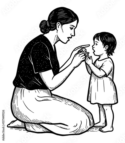 Mother Scolding Child with Finger Pointing Black and White Outline Line Art Drawing Admonishing Kid