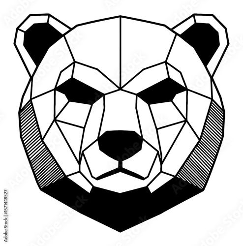 Simple Geometric Bear Head Paper Origami Black and White Outline Line Art Drawing Abstract Low Poly Style