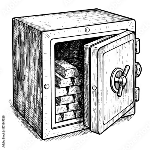 Opened Safe Box Full of Gold Bars Stacks Black and White Outline Line Art Drawing Vintage Illustration