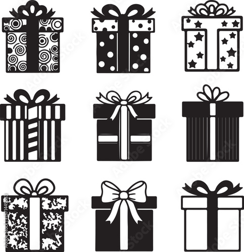 Colorful cartoon vector set of gift boxes with bows and ribbons for Christmas, birthday, and holiday celebrations, perfect for presents and surprises