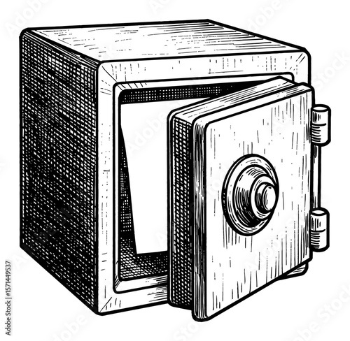 Opened Safe Box with Blank Paper Inside Black and White Outline Line Art Drawing Illustration