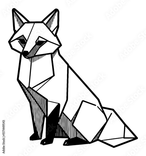 Simple Geometric Origami Fox Black and White Outline Line Art Drawing Sitting Side View