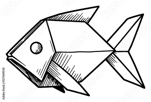 Simple Paper Origami Fish Black and White Outline Line Art Drawing with Geometric Folded Shape