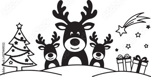 A vector cartoon illustration of a cute reindeer and a Christmas tree in a snowy winter forest, perfect for a holiday card