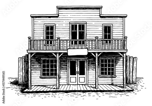 Vintage Cowboy Saloon Front View Western Style Old West Building Black and White Outline Line Art Drawing