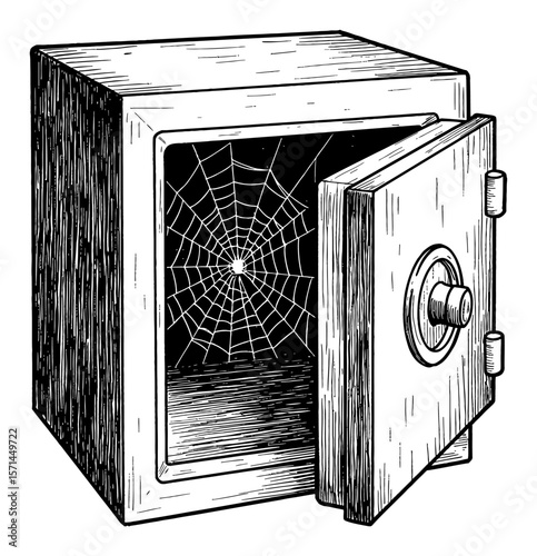 Empty Opened Safe Box with Spider Web Inside Black and White Outline Line Art Drawing Vintage Object