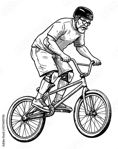 Grandpa Performing BMX Bicycle Trick Vintage Black and White Outline Line Art Drawing Isolated Old Man