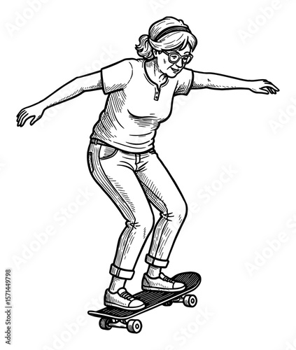 Grandma Skater Performing Skillful Balance Trick on Skateboard Black and White Outline Line Art Drawing