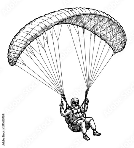 Experienced Grandpa Paragliding High in Sky with Parachute Black and White Outline Line Art Drawing Vintage Style