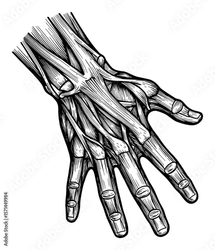 Detailed Anatomical Human Hand Muscles Tendons Bones Black and White Outline Line Art Drawing Medical