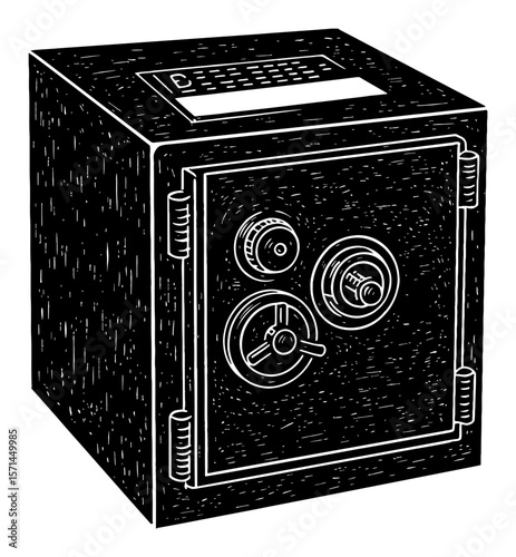 Vintage Safe Deposit Box Security Vault Storage in Classic Black and White Outline Line Art Drawing