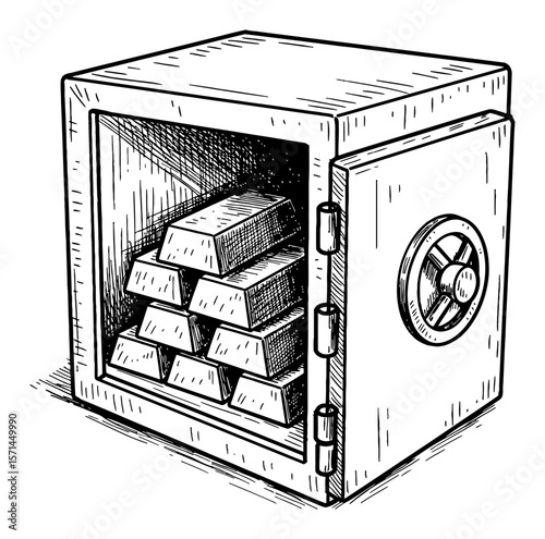 Opened Safe Box Full of Stacked Gold Bars in Detailed Black and White Outline Line Art Drawing