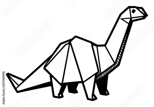Minimalist Geometric Simple Origami Dinosaur Paper Model Black and White Outline Line Art Drawing