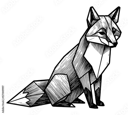 Simple Sitting Fox Origami Style Geometric Animal Illustration Black and White Outline Line Art Drawing