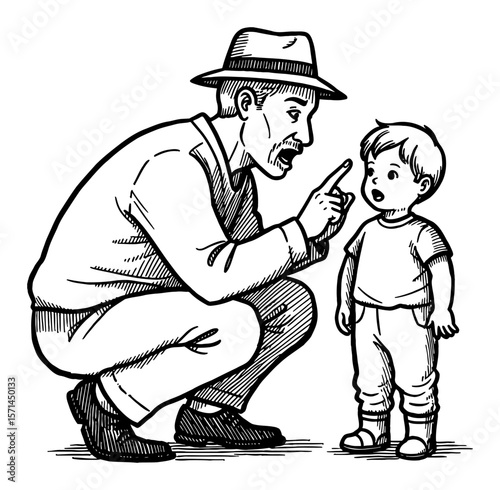 Angry Dad Scolding his Child Pointing Finger Disciplinary Moment Black and White Outline Line Art Drawing