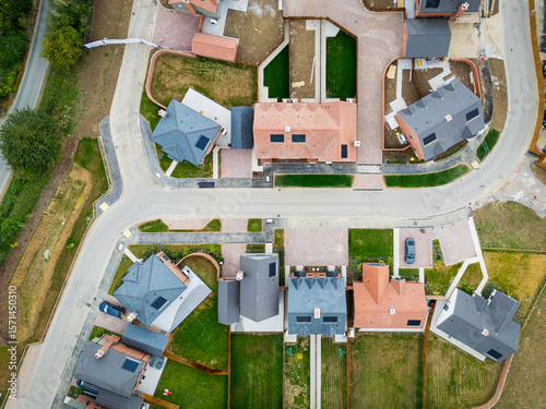 Aerial view of newly completed and ready for sale private and affordable homes seen on a new housing development in Britain. New home owners will have moved in within the next few weeks.