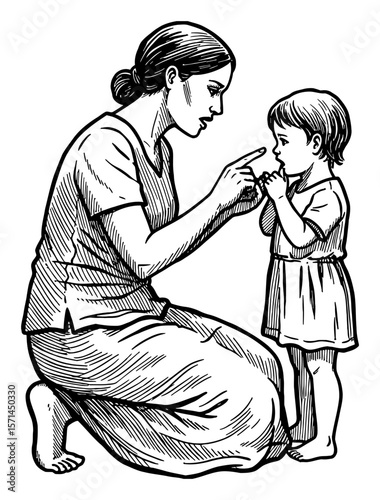 Kneeling Mother Scolding Disappointed Child with Pointing Finger Black and White Outline Line Art Drawing
