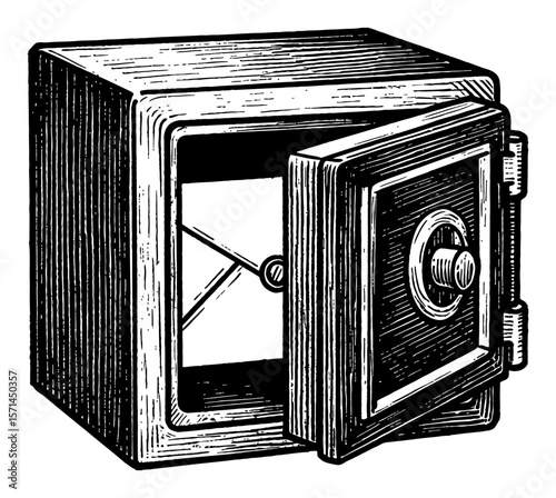 Opened Safe Box with a Letter Inside Black and White Outline Line Art Drawing Vintage Style