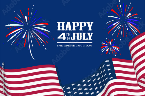 4th of July independence day poster, banner, flyer, background, template with greeting, US flag waving ribbon, red, blue and white fireworks decoration looks elegant.