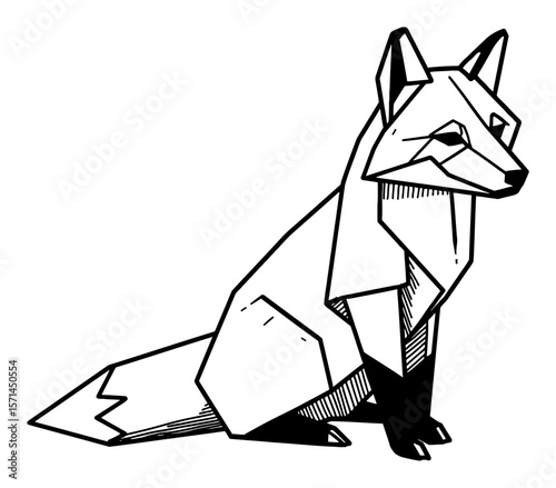 Simple Geometric Origami Fox Animal Illustration Black and White Outline Line Art Drawing Stylized Wild Creature