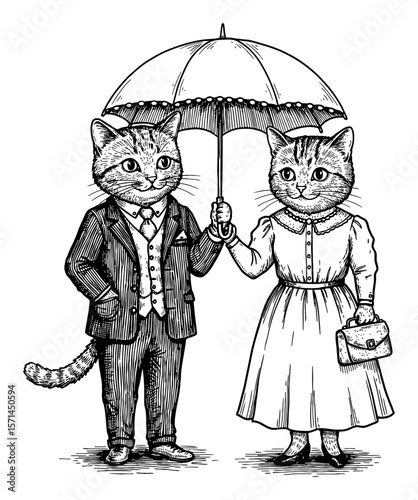 Cute Male Cat in Vintage Suit and Female Cat in Modest Dress Under Umbrella Black and White Outline Line Art Drawing
