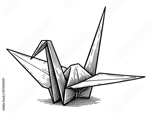 Isolated Paper Crane Origami Black and White Outline Line Art Drawing in Vintage Engraving Style
