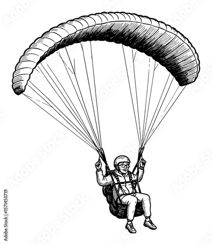Smiling Grandma Paragliding High Up in Sky Extreme Sport Adventure Black and White Outline Line Art Drawing