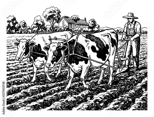 Farmer Plowing Field with Two Cows Traditional Rural Scene Cartoon Style Black and White Outline Line Art Drawing