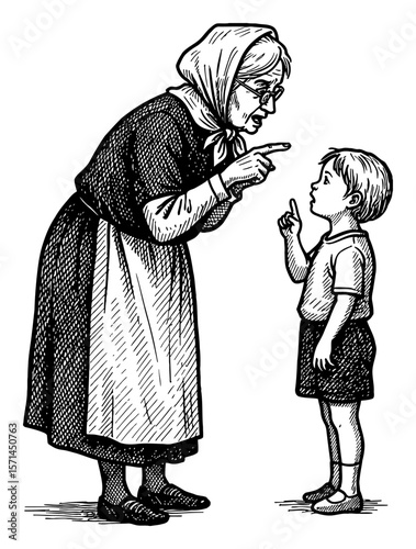 Grandma Scolding Her Grandchild with Pointing Finger Black and White Outline Line Art Drawing Vintage Style