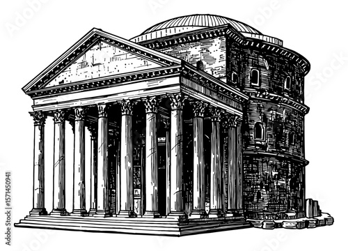 Pantheon Side View Simple Style Black and White Outline Line Art Drawing of Ancient Roman Temple