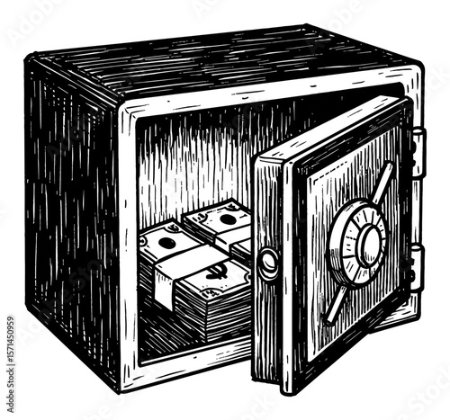 Opened Safe Deposit Box with Stacks of Money and Dollar Symbol Inside Black and White Outline Line Art Drawing