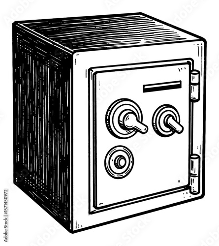 Vintage Style Safe Deposit Box Black and White Outline Line Art Drawing Secure Financial Object