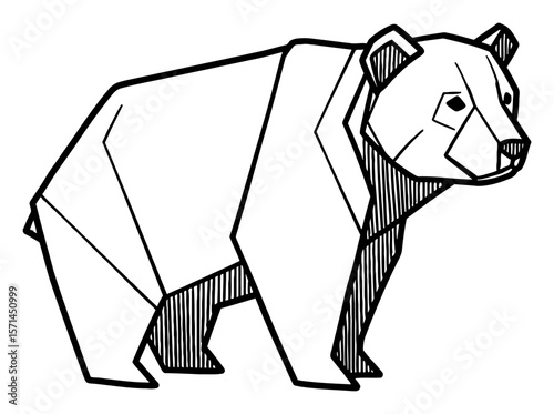 Simple Bear Origami Geometric Animal Black and White Outline Line Art Drawing Hand Drawn Isolated Object Minimalist Design