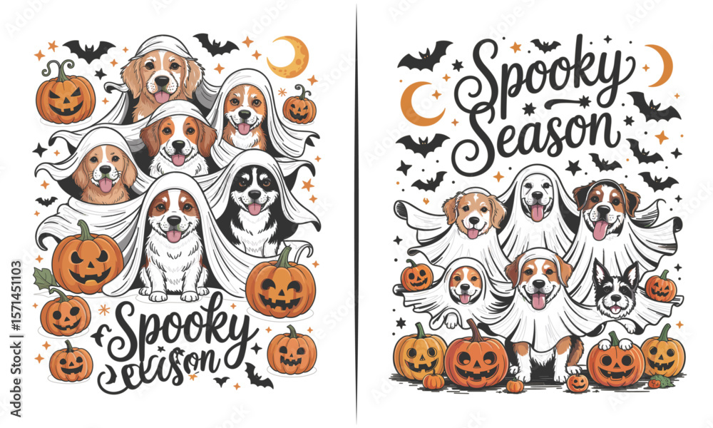 Fototapeta premium Adorable Dogs Dressed as Ghosts with 'Spooky Season' Message, Pumpkins, and Halloween Elements for Fun, Cute Halloween Apparel and Party Decor