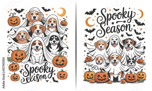 Adorable Dogs Dressed as Ghosts with 'Spooky Season' Message, Pumpkins, and Halloween Elements for Fun, Cute Halloween Apparel and Party Decor