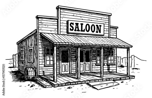 Vintage Cowboy Saloon Front View Cartoon Style Building Black and White Outline Line Art Drawing