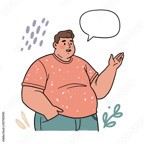 Plus-size man speaking animatedly with a friendly expression in an engaging illustration
