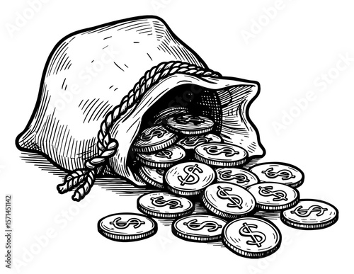 Medieval Coin Bag Spilled with Dollar Symbol Coins Black and White Outline Line Art Drawing Isolated