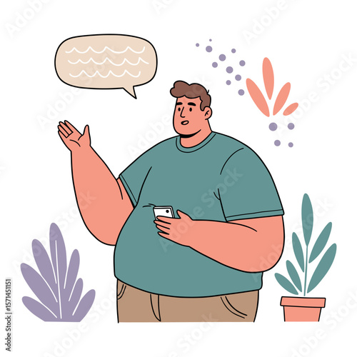 Plus-size man holding a smartphone and speaking with a speech bubble in a vibrant illustration
