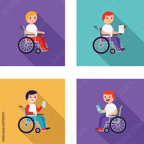 Set of illustrations of children with disabilities in wheelchairs.