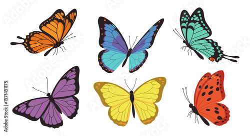 A collection of six beautifully illustrated butterflies in vibrant colors and diverse poses, isolated on a clean white background for graphic design.